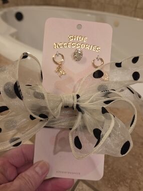 Anthropologie Cream Bow Shoe Accessory with Black Polka Dots and Gold Charms